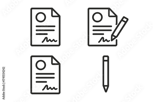 Comprehensive business contract icon set. Legal document, agreement, and deal symbols. Features signature, pen, paper, and approval icons. Partnership and finance paperwork concepts.