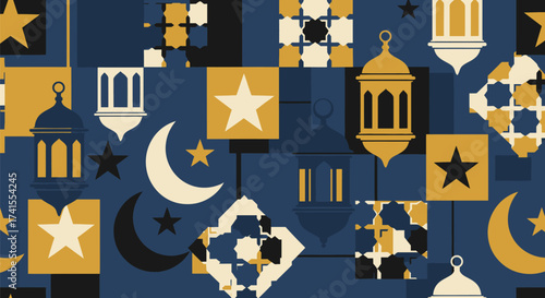 Geometric patterned background with lanterns, moons, stars, and tile motifs in blue, gold, black and white