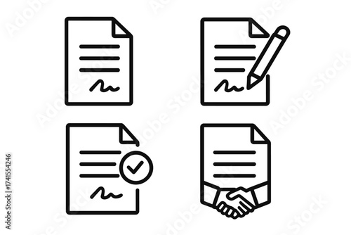 Business contract line icon set. Signing document, agreement and deal icons. Partnership, signature, approved or certified vector illustrations. Handshake symbol.