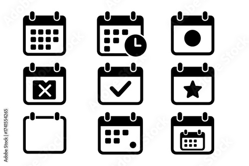 Calendar vector icon set. Schedule, appointment, event symbol. Date management pictogram. Planner, reminder, deadline, holiday sign. Confirmed, cancelled, favorite. Glyph set.