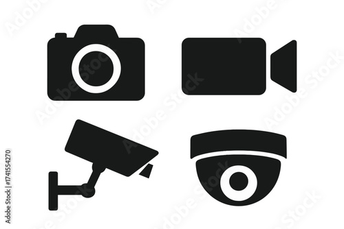 Camera icon set. Video, photo, and security camera icons. CCTV surveillance pictogram collection. Vector graphic illustration for web, mobile app, and security systems design.