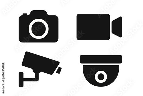 Camera icon set vector collection. Photo camera, video camcorder, and CCTV security camera pictogram. Simple flat black silhouette symbols for web, apps, and design projects.
