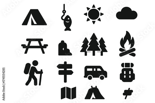 Camping and hiking icon set. Outdoor adventure and travel symbols. Collection of vector glyph icons for camp, tent, fishing, nature, forest, campfire, mountains, and recreation.
