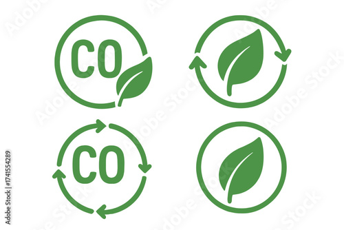 Carbon neutral stamp vector icon set. CO2 neutral green label collection. Eco friendly environment sticker illustration. Net zero emissions & climate neutral certified symbol.