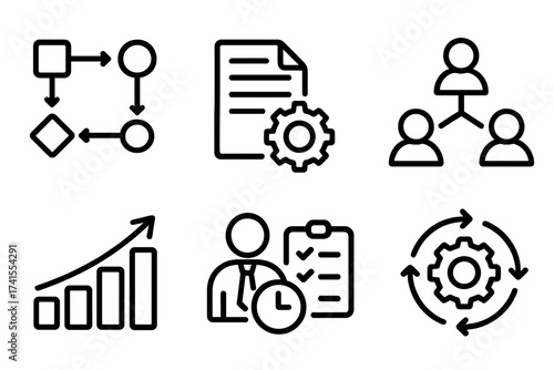 Business process and workflow icon set for productivity and efficiency. Vector symbols for management, automation, growth chart, flowchart, organization, time management.