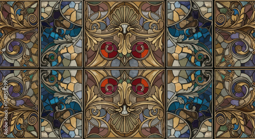 Symmetrical stained glass pattern with floral & spiral motifs