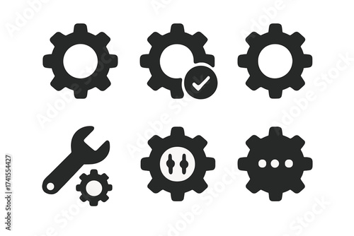 Cog icon set. Gear, settings, cogwheel symbols. Configuration, preferences, options vector sign collection. Setup, maintenance, repair and progress concepts. UI UX interface design.