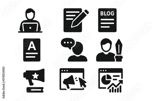 Copywriting solid glyph icon set. Content writing, blogger, and author. Article, storytelling, and creative writing. Digital marketing, advertising, promotion, and SEO analytics.