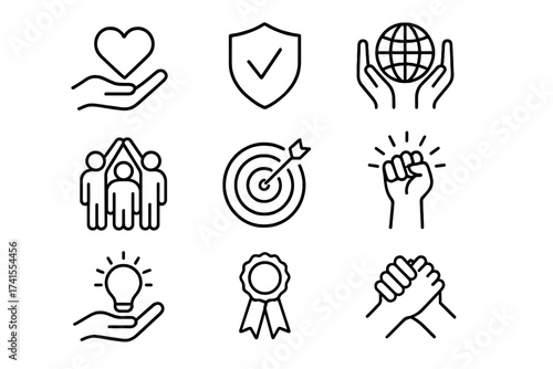 Core values icon set for business ethics, mission, vision. Company principles collection with icons for integrity, teamwork, quality, responsibility, innovation, and trust. Vector line symbols.