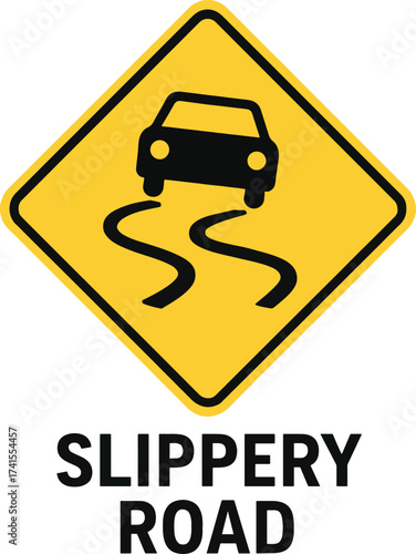 Yellow diamond slippery road warning sign alerting drivers to hazardous road conditions vector
