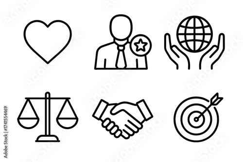 Core values icon set. Outline collection of company ethical business symbols. Vector illustration for integrity, mission, social responsibility, trust, passion, and purpose.