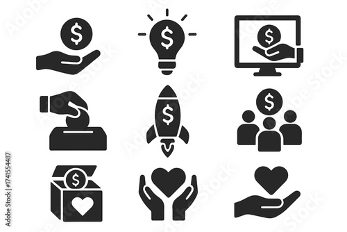 Crowdfunding investment icon set. Donation, charity, fundraising glyphs. Business startup, financial growth vector symbols. Philanthropy, support, money, funding solid icons.