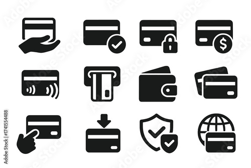 Credit card vector icon set for finance and banking. Includes icons for secure payment, contactless transaction, ATM withdrawal, money transfer, digital wallet, and online shopping.