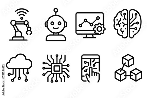Industry 4.0 and digital revolution thin line icon set. Future technology concepts as robotics, AI, big data, blockchain and automation. Vector outline symbols collection.