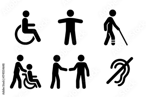 Disability icon set. Solid glyph pictograms of disabled people. Wheelchair, accessibility, blind, deaf, broken leg, and assistance signs. Vector for inclusion and diversity.