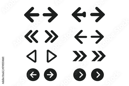 Arrow icon set for navigation. Left and right direction symbols. Vector collection for web and app design. Next, previous, forward, and back buttons. UI UX elements.