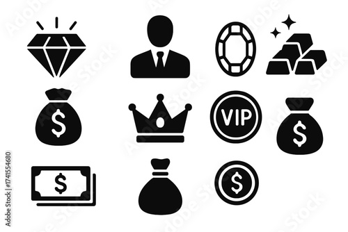 Luxury icon set solid glyph. Finance wealth and money icons. Rich concept. Diamond, gem, jewelry, gold bar, crown, VIP. Dollar sign on money bag, cash, coin. Vector asset.