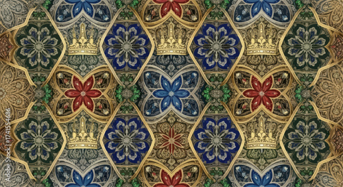 Ornate floral tessellation with crown motifs, gold outlines