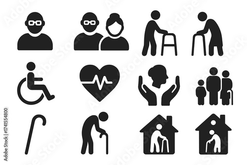 Elderly people solid icon set. Senior care, retirement, caregiver, accessibility, health, pensioner, generation, hospice, ageing, nursing home and disability vector symbols.