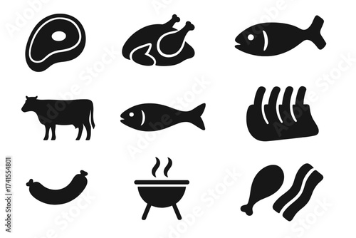 Meat food icon set. Solid vector glyph collection of beef steak, chicken, fish, pork ribs, sausage, cow, bacon, BBQ grill. Butcher shop and restaurant menu pictograms.