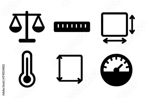 Measure vector icon set. Solid glyph symbol collection. Features scale for weight, ruler for length, size and dimension box, temperature thermometer, and pressure or speed gauge.