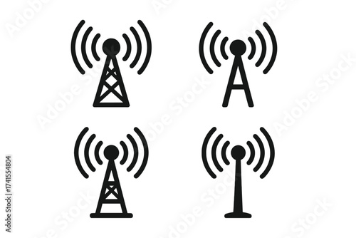 Radio tower icon set. Antenna signal broadcast symbol. Wireless communication network graphic. Mobile telecommunication transmission pictogram collection. Vector frequency icons.
