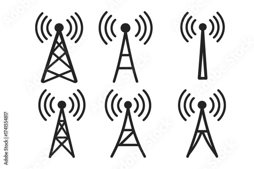 Radio antenna tower icon set. Wireless communication signal. Broadcast transmission collection. Vector symbol for network, cellular, mobile, wifi, and radio waves.