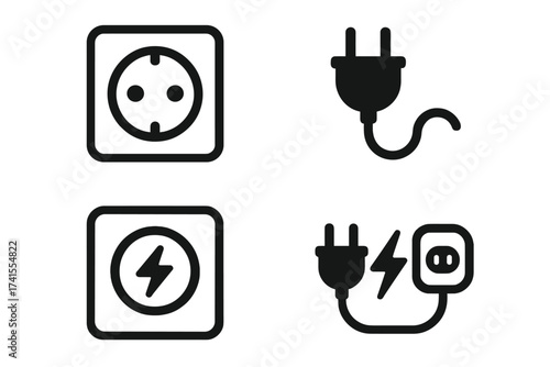 Electric plug and socket vector icon set. Power outlet, charger adapter, and energy connection symbols. Electricity, voltage and charging station graphic elements. Line icons.