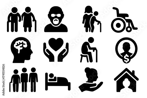 Elderly care vector icon set. Senior life, retirement and healthcare solid glyphs. Contains nursing home, caregiver, accessibility, pension, hospice and dementia symbols.