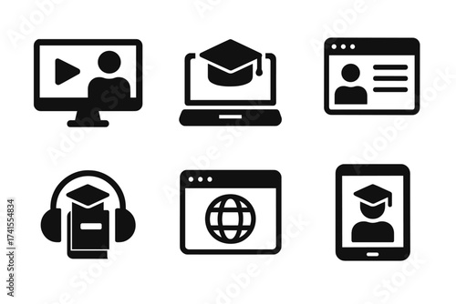 Online education icon set. E-learning, video tuition, and digital courses. Glyphs for distance learning, webinar, audiobooks, and graduation. Solid pictogram collection vector.
