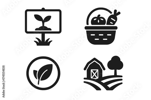 Organic farming icon set. Natural farm product, vegan and bio food symbols. Agriculture pictogram collection with barn, harvest basket, sprout and leaf. Eco-friendly vector signs.