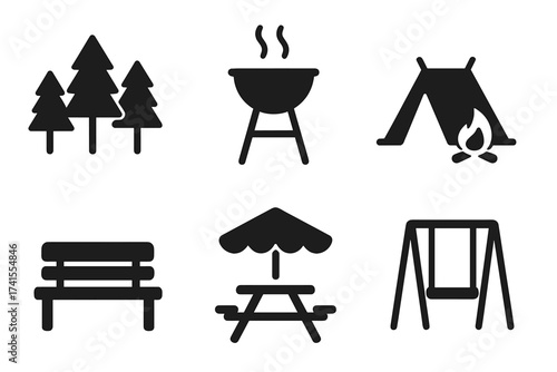 Park icon set for outdoor activity. Vector symbols for park leisure. Solid glyph collection of forest, barbecue, camp, bench, picnic table and playground swing. Recreation signs.