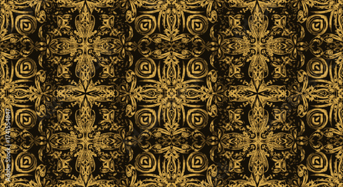 Ornamented gold shapes repeat against dark backdrop, intricate pattern