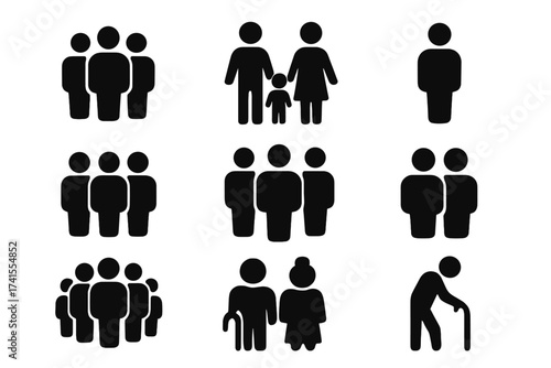 Solid glyph people icon set with human figures silhouette. Contains symbols for family, group, community, team, couple, and senior citizens. User avatar pictogram collection.