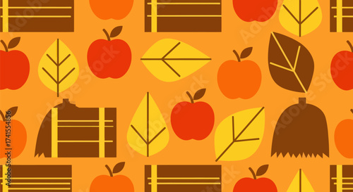 Autumnal pattern with apples, leaves, crates in fall colors