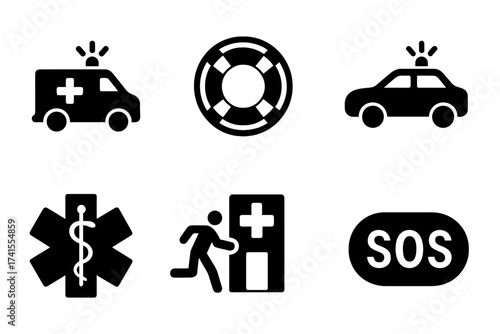 Emergency services solid glyph icon set. Vector collection of safety, rescue, and medical symbols. Includes ambulance, police car, lifebuoy, first aid, hospital, sos sign.