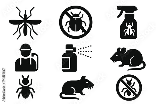 Pest control solid glyph icon set. Includes extermination, bug, insecticide spray, rodent, termite, ant, cockroach, mosquito, rat. Disinfection service vector symbol pack.