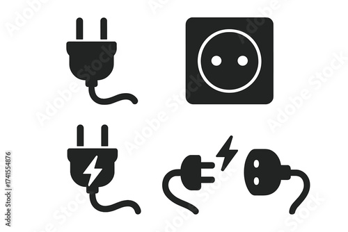 Electric plug and socket vector icon set. Power outlet, charging, and energy connection symbols. Electricity, connector, and adapter glyph for power supply and voltage concept.