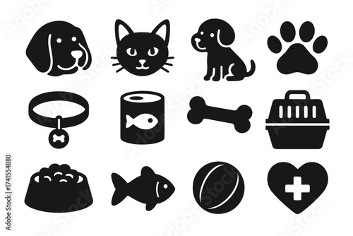 Pets icon set vector collection. Dog, cat, puppy symbols for animal care and vet clinic. Elements include pet food, toy, collar, bone, carrier, paw print, and health sign.