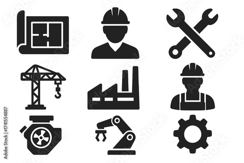 Engineering icon set with blueprint, engineer, tools, construction crane, factory, worker, engine, robotic arm, and gear. Solid glyph icons for industry and manufacturing.