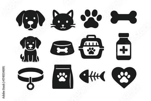 Pets icon set. Dog, cat, puppy symbols. Animal care, vet clinic, pet shop elements collection. Vector graphic includes food, bone, collar, paw print and carrier icons.