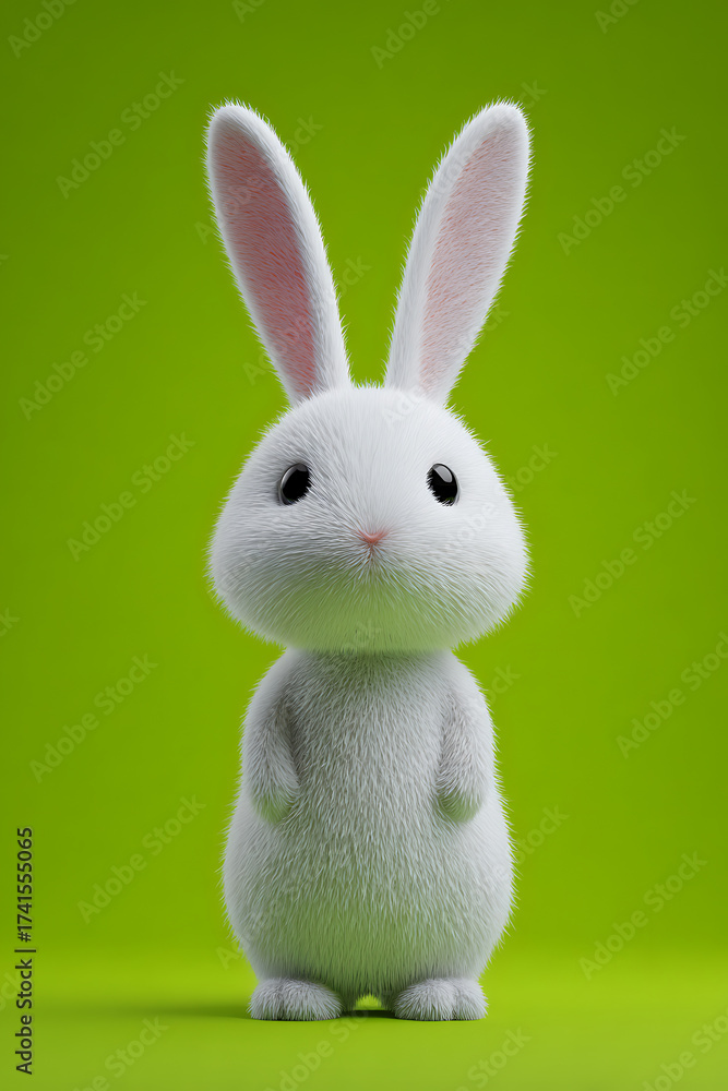 Obraz premium Cute white rabbit standing on a vibrant green background, showcasing its fluffy fur and large ears