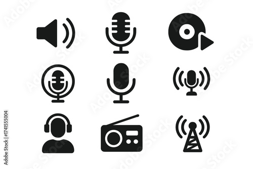 Podcast icon collection. Solid glyph set containing audio, microphone, record, podcasting, broadcasting, entertainment, radio, headphones, listening and sound wave symbols.