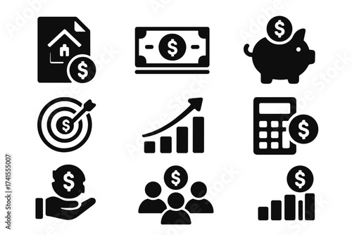 Finance solid glyph icon set. Business and money symbols. Vector collection with loan, cash, saving, financial goal, profit, budget, mutual fund, earning and revenue.