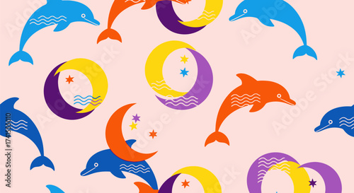 Playful pattern of colorful dolphins & moons on a pink background