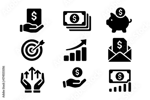 Finance solid glyph icon set. Concepts of loan, cash, saving, financial goal, profit, budget, mutual fund, earning money, revenue, investment, and economic growth. Vector pictogram collection.