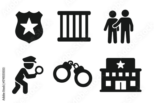 Police icon set. Law enforcement symbols like badge, jail, arrest, investigation, handcuffs, police station. Solid vector glyph collection for justice, crime and security.