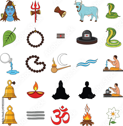 Maha Shivaratri puja icon set with Hindu god Shiva, Nandi, Lingam, Trishula, Rudraksha, Om. A spiritual collection of religious symbols for Hindu festival worship.