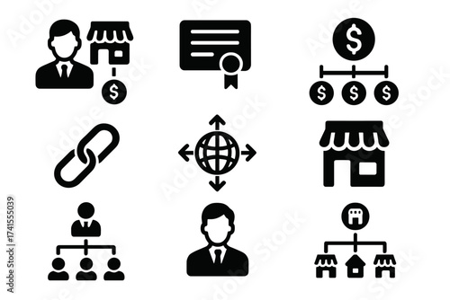 Franchise business solid glyph icon set. Collection includes icons for franchisee, license, royalties, chain store, global expansion, shop, business model, and franchisor.