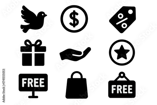 Free vector icon set for sales and promotions. Includes no cost, discount, complimentary gift, bonus, gratis, freedom and special offer symbols. Solid glyph icons.